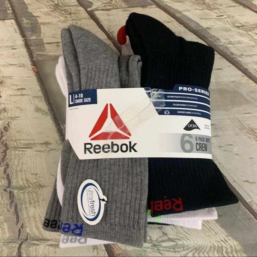 Reebok Large Boy's Crew Socks 6 Pack Pro Series Moisture Control Shoe Sz 4-10